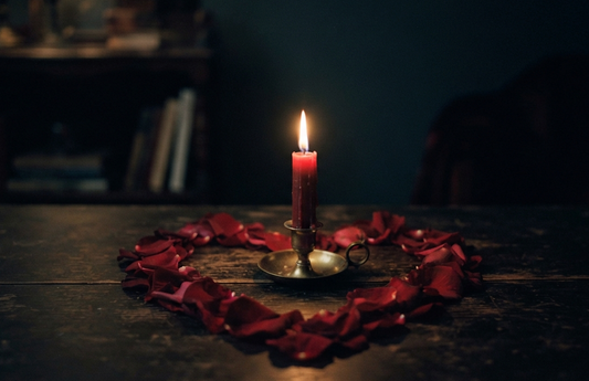 A lit red candle in a vintage holder surrounded by a heart-shaped arrangement of red rose petals on a dark wooden table