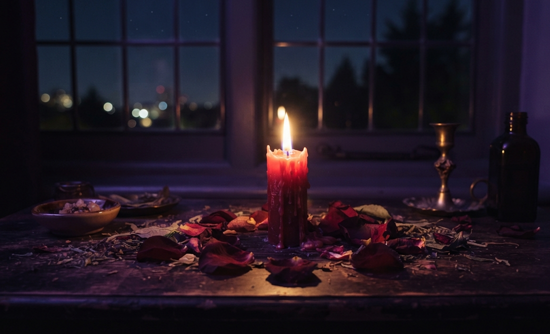 A candle surrounded by rose petals and herbs, perfect for love spells that work overnight rituals.