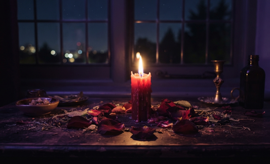 A candle surrounded by rose petals and herbs, perfect for love spells that work overnight rituals.