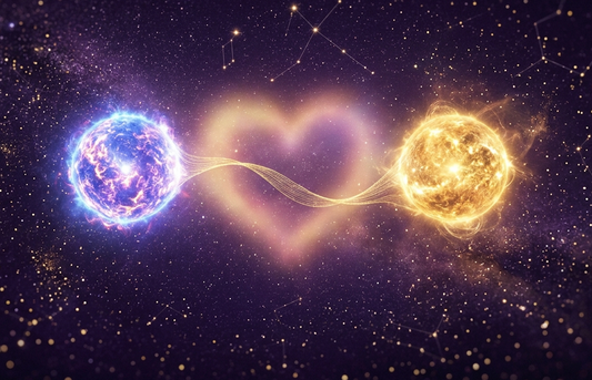 love horoscope compatibility illustration with two cosmic symbols connected by a heart in a starry background.