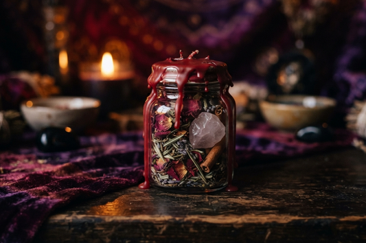 A love spell jar filled with herbs, crystals, and wax, surrounded by mystical elements and candlelight.