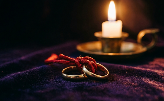Two gold rings bound together with red cord by candlelight, a marriage spell