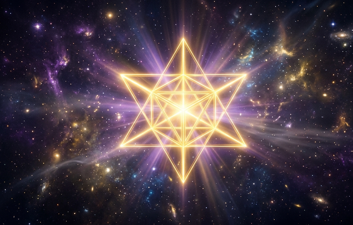 A glowing golden merkaba star tetrahedron in dark space, merkaba meaning