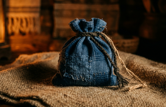 A small, handcrafted mojo bag rests on a textured cloth, its patched blue fabric and rustic twine drawstring glowing under warm amber light in a mystical folk magic setting