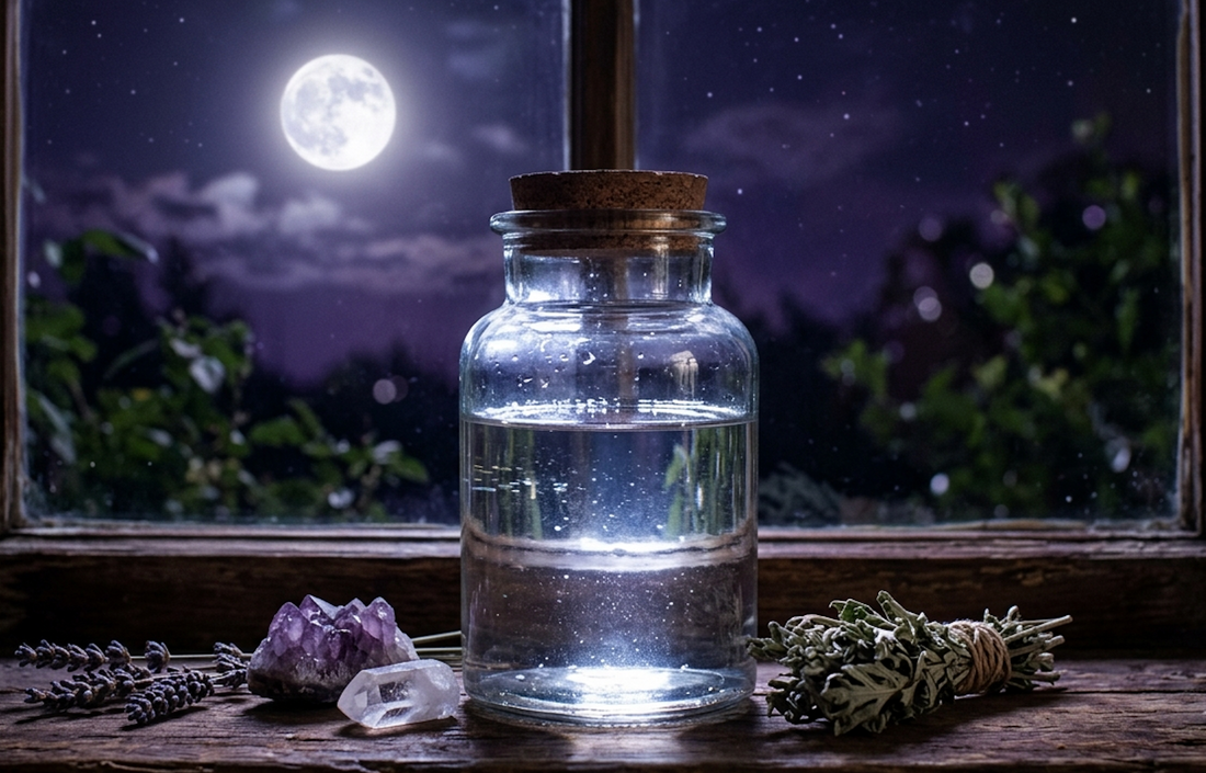 Moon spells ingredients including a glass jar, herbs, and crystals by a window under the full moon.