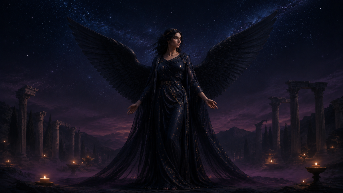 Nyx Greek goddess of night with black wings beneath a star-filled sky