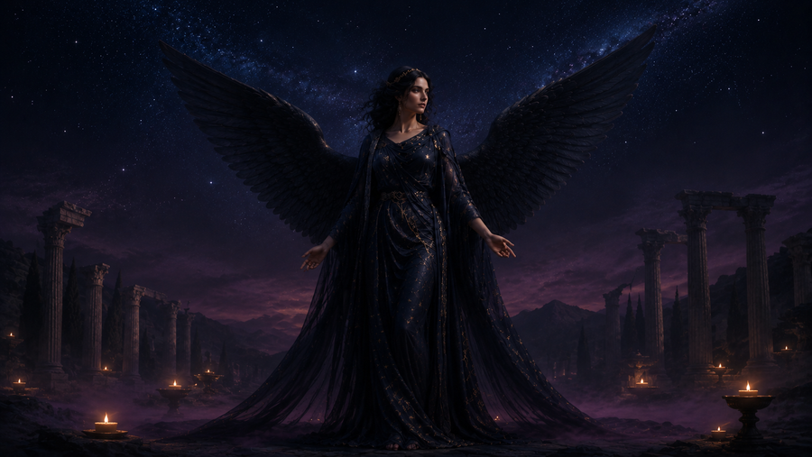 Nyx Greek goddess of night with black wings beneath a star-filled sky