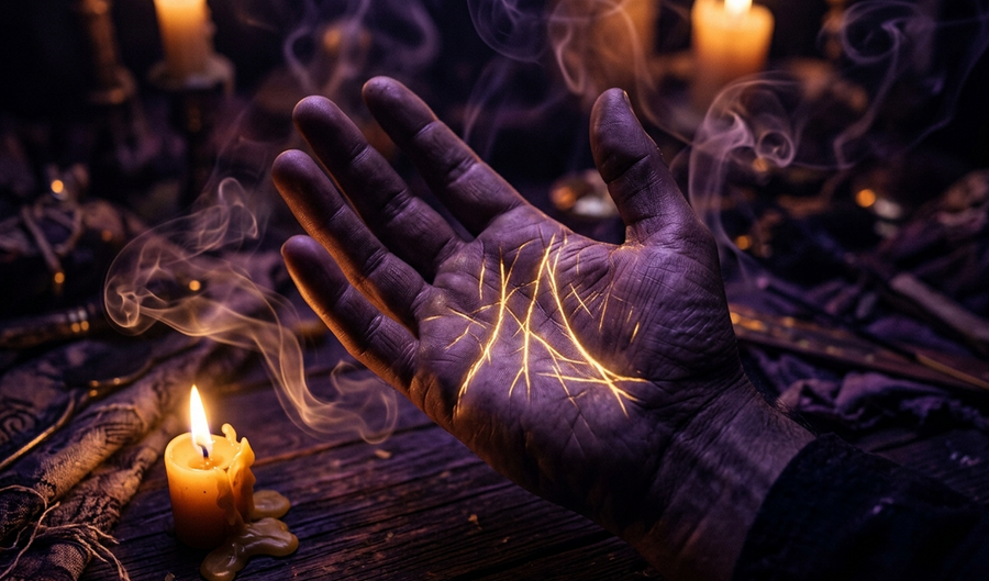 An open palm with glowing lines in candlelight, palm reading lines and their meaning