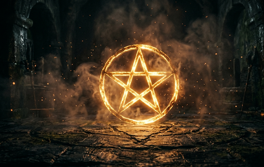 A glowing golden pentacle, a five pointed star in a circle, pentacle meaning in witchcraft