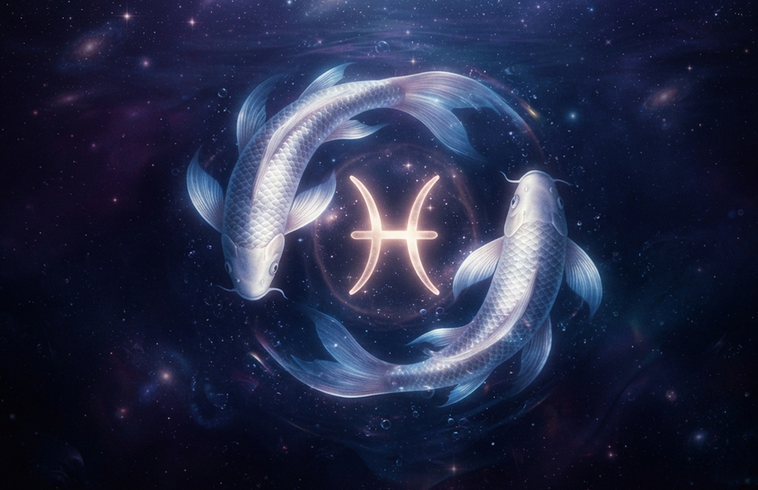 **Alt text:**  Two silver fish swimming in a circle around a glowing Pisces zodiac symbol in deep indigo and violet water under a starry sky