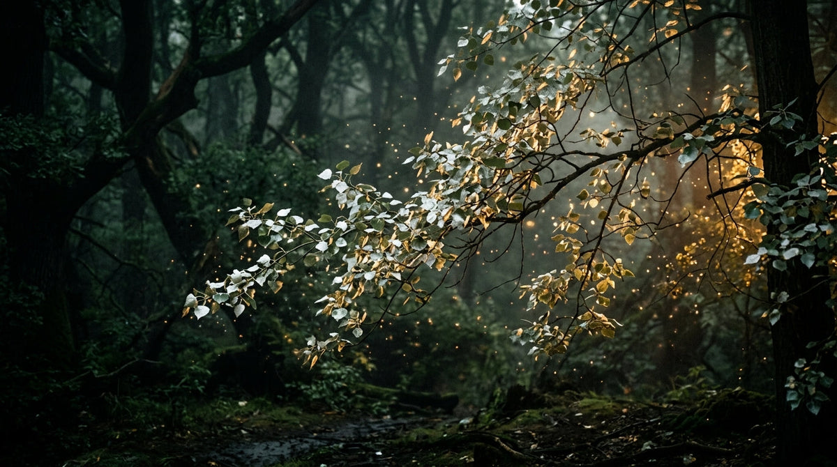 Glowing pale poplar leaves in golden light, poplar in witchcraft folklore and magic