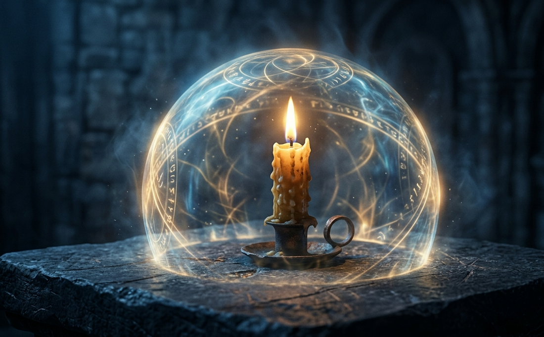 A candle with a glowing shield aura on dark stone, a protection spell for negative energy