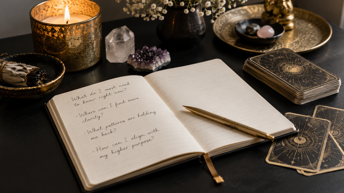 Questions to ask a psychic with journal tarot cards crystals candle and pen
