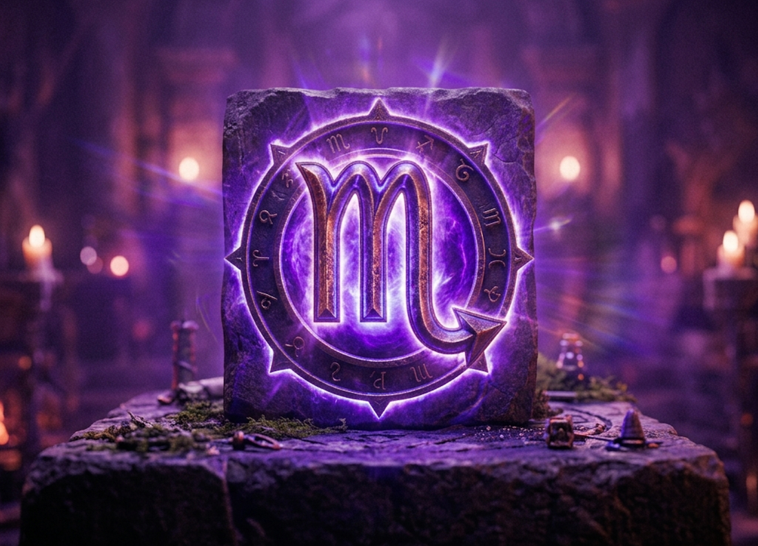 Scorpio zodiac sign emblem on a mystical stone, showcasing the traits and personality of Scorpio.