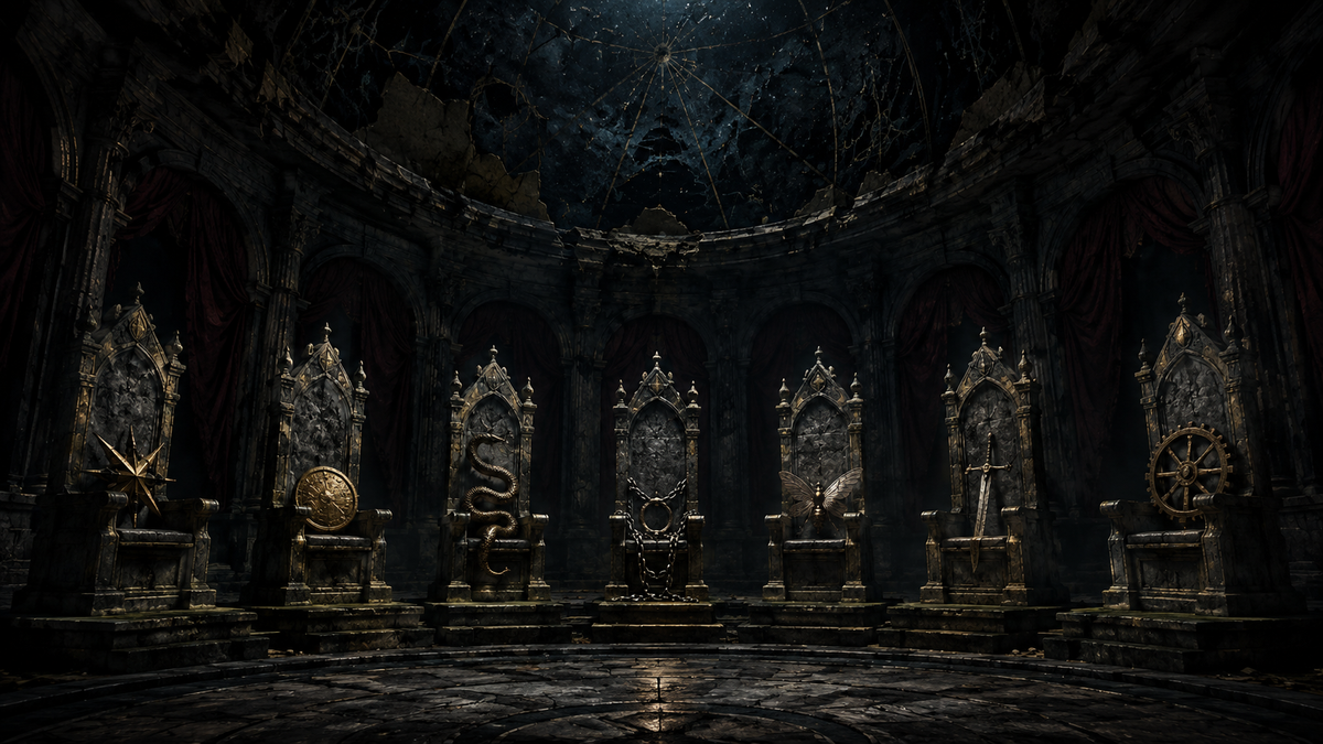 Seven Princes of Hell represented by seven symbolic gothic thrones
