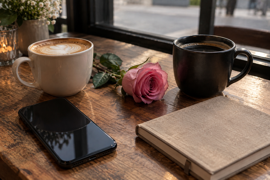 Two coffee cups rose phone and notebook symbolizing feelings that have not been said