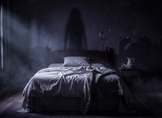 Sleep paralysis spiritual meaning depicted with a shadowy figure looming over a bed in a dimly lit room.