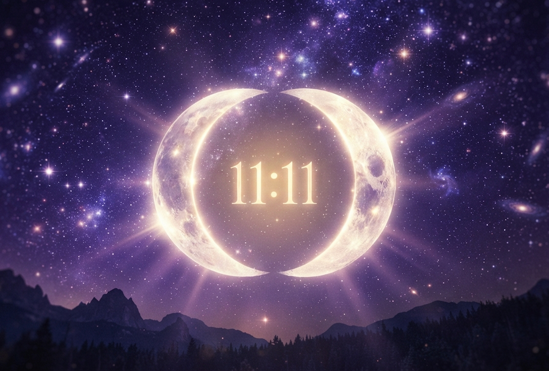 Cosmic image of two crescent moons with the number 11:11, symbolizing twin flame signs.