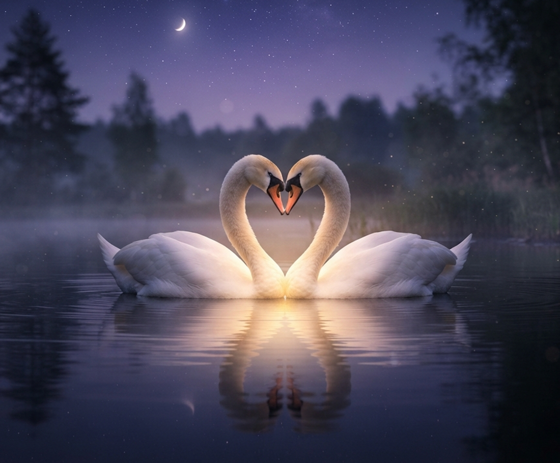 Two swans forming a heart shape on calm water, symbolizing love and connection, illustrating signs you've found your soulmate.