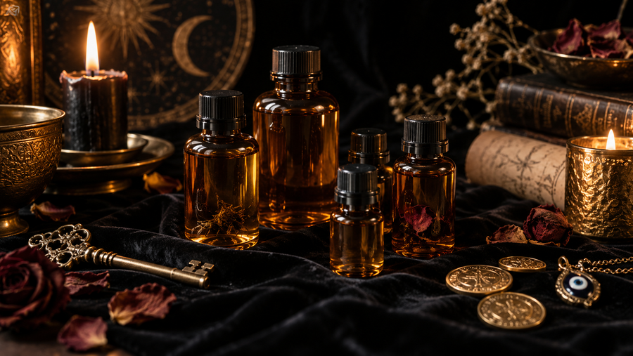 Wide candlelit apothecary still life with ritual oils and occult tools