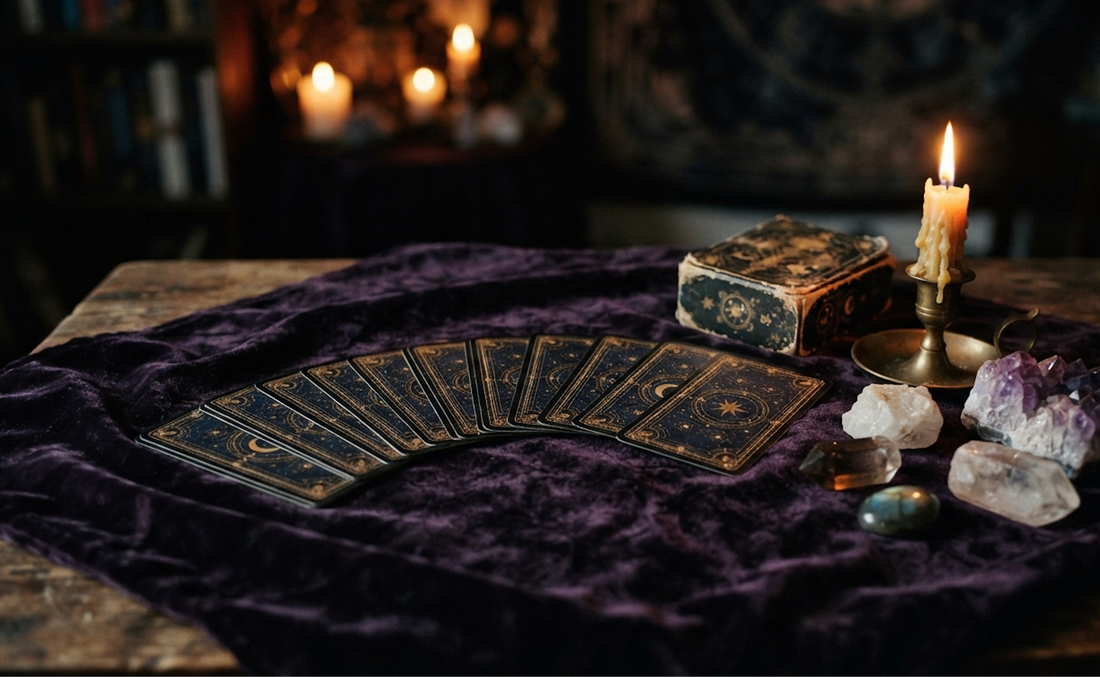 Tarot cards displayed on a table with crystals and candles, exploring tarot card meanings.