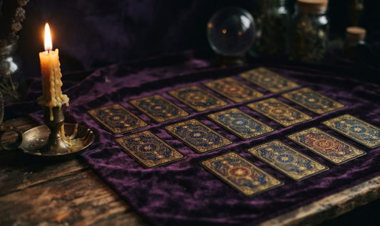 Set of tarot cards displayed on a purple cloth with a candle, illustrating various tarot spreads.