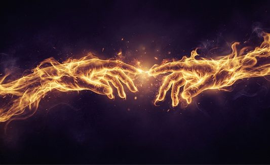 Two hands made of burning fire reaching toward each other against a dark purple background, symbolizing a twin flame reunion and spiritual connection.