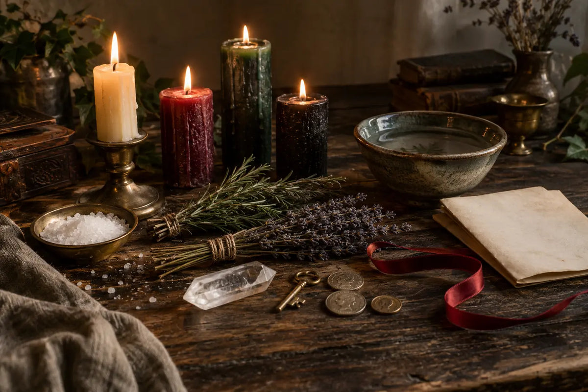 Different types of spells represented by candles, herbs, crystals, ribbon and a small bowl on an altar