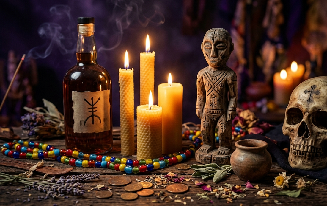 What is voodoo? Display of candles, bottle, and figurines in a mystical setup representing voodoo beliefs.