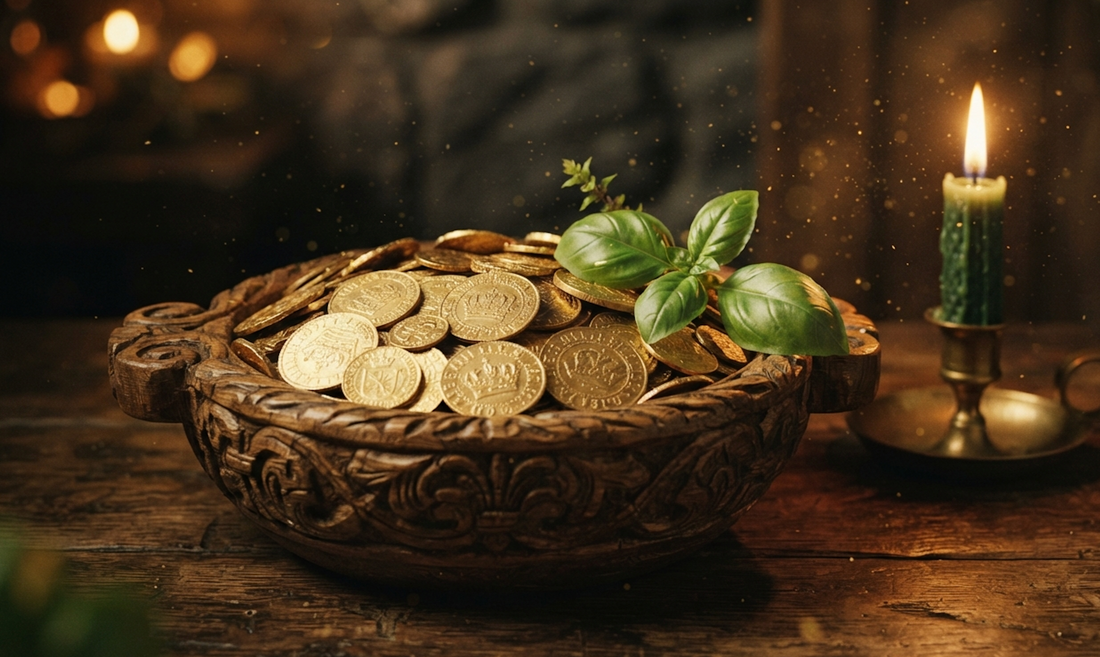 Bowl filled with golden coins and a candle, representing money spells that work and attracting wealth.