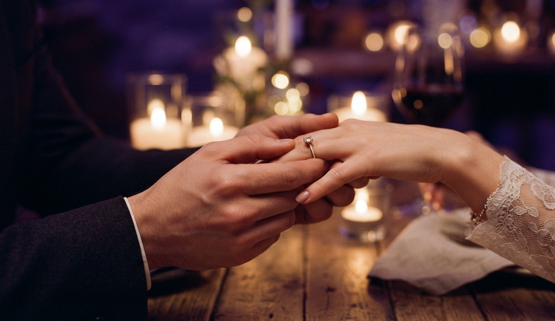 A romantic moment showing hands exchanging a wedding band in a dimly lit, cozy venue decorated with candles and soft bokeh lights
