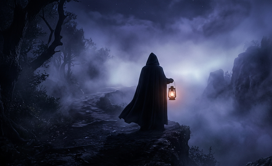 A hooded figure with a lantern at a misty threshold, what is a psychopomp guide of souls