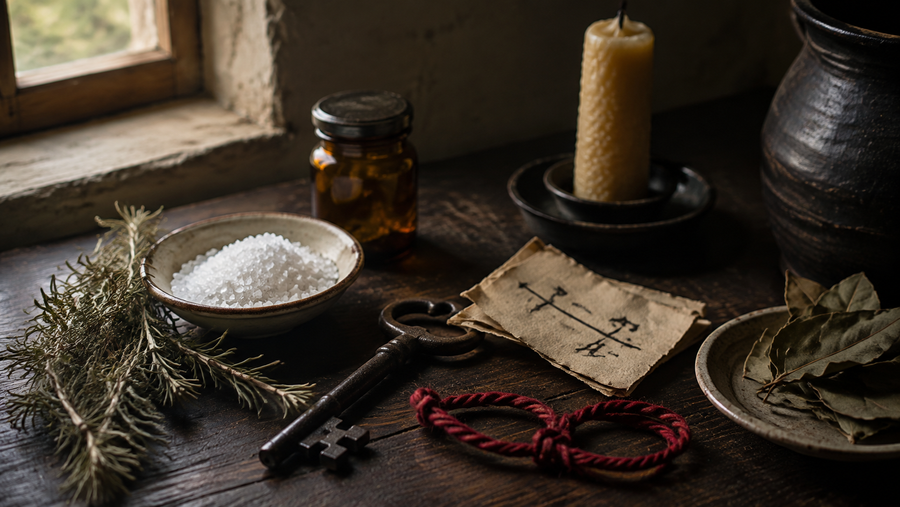 Traditional folk magic objects including an iron key, salt, herbs and red thread on a wooden table