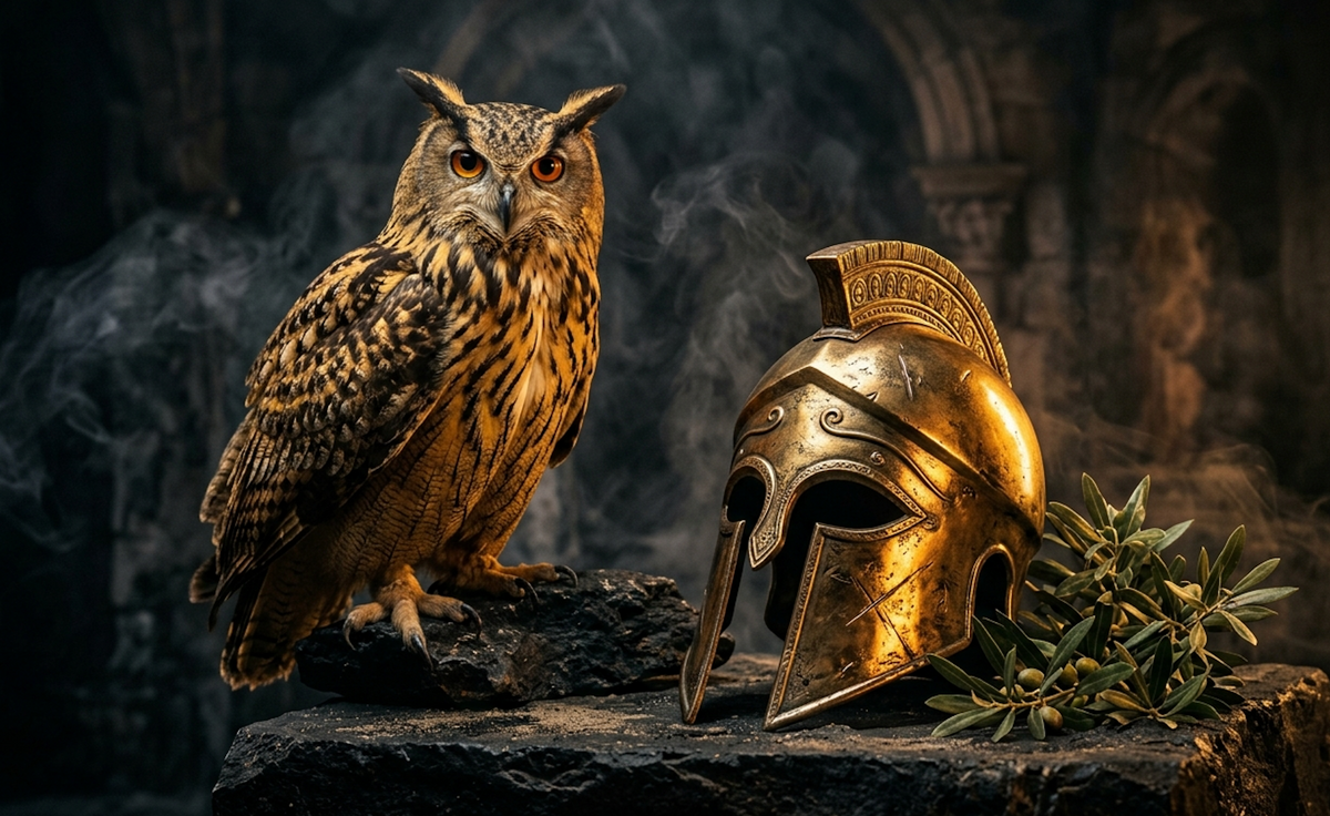 An owl beside a bronze Greek helmet in candlelight, Athena goddess of wisdom and war