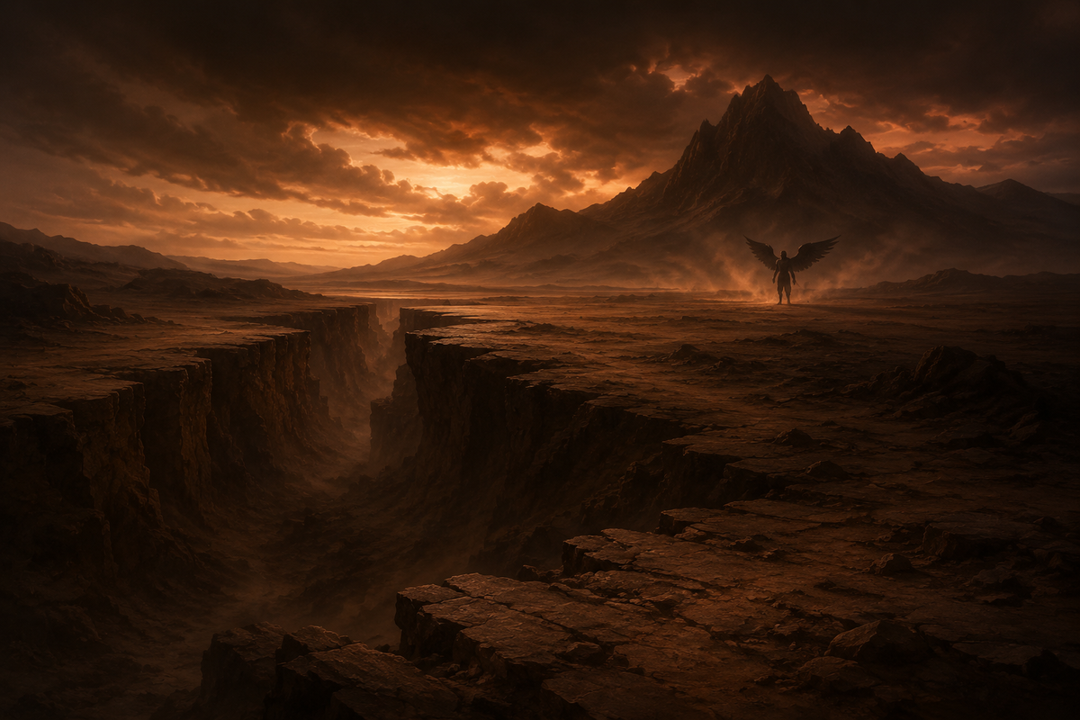 Azazel in a dark desert landscape beneath a bronze-red sky
