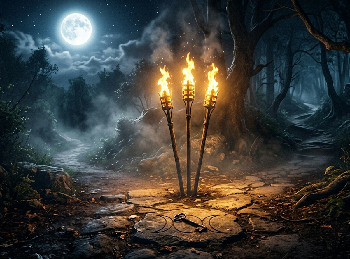 Three torches at a moonlit crossroads with an old key, Hekate goddess of witchcraft