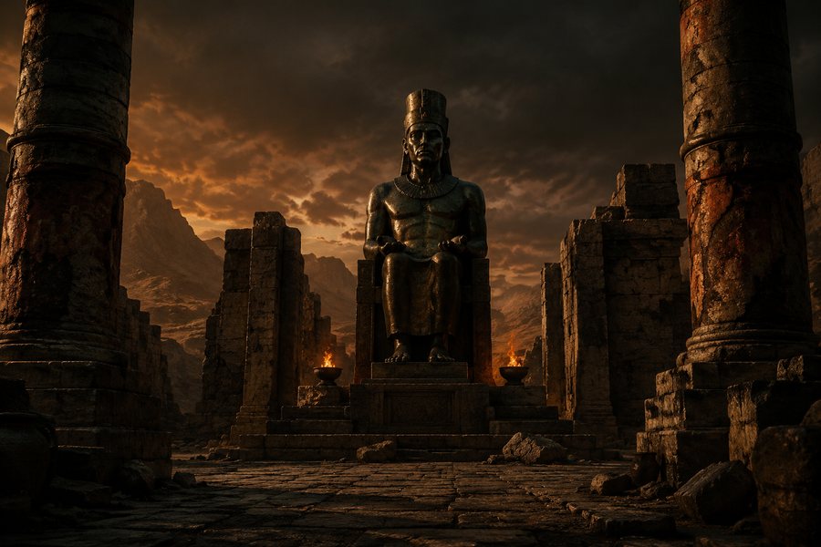 Ancient bronze idol in dark Near Eastern temple ruins representing later Moloch imagery