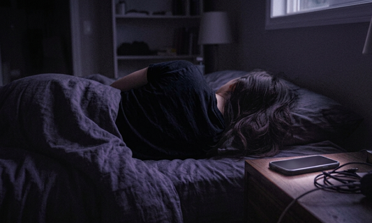 Cinematic dark bedroom shot of a woman sleeping beside a dimly glowing smartphone screen face down, illustrating the quiet realization of an unexpected unfollow or block