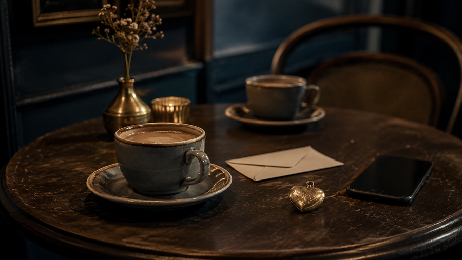 Empty café table for two with untouched coffee, a closed locket, envelope and face-down phone