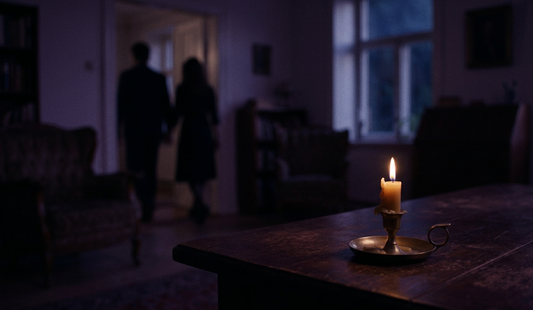 A burning candle on a dark table with distant silhouettes of a couple walking away, symbolizing the quiet realization and regret of a breakup.
