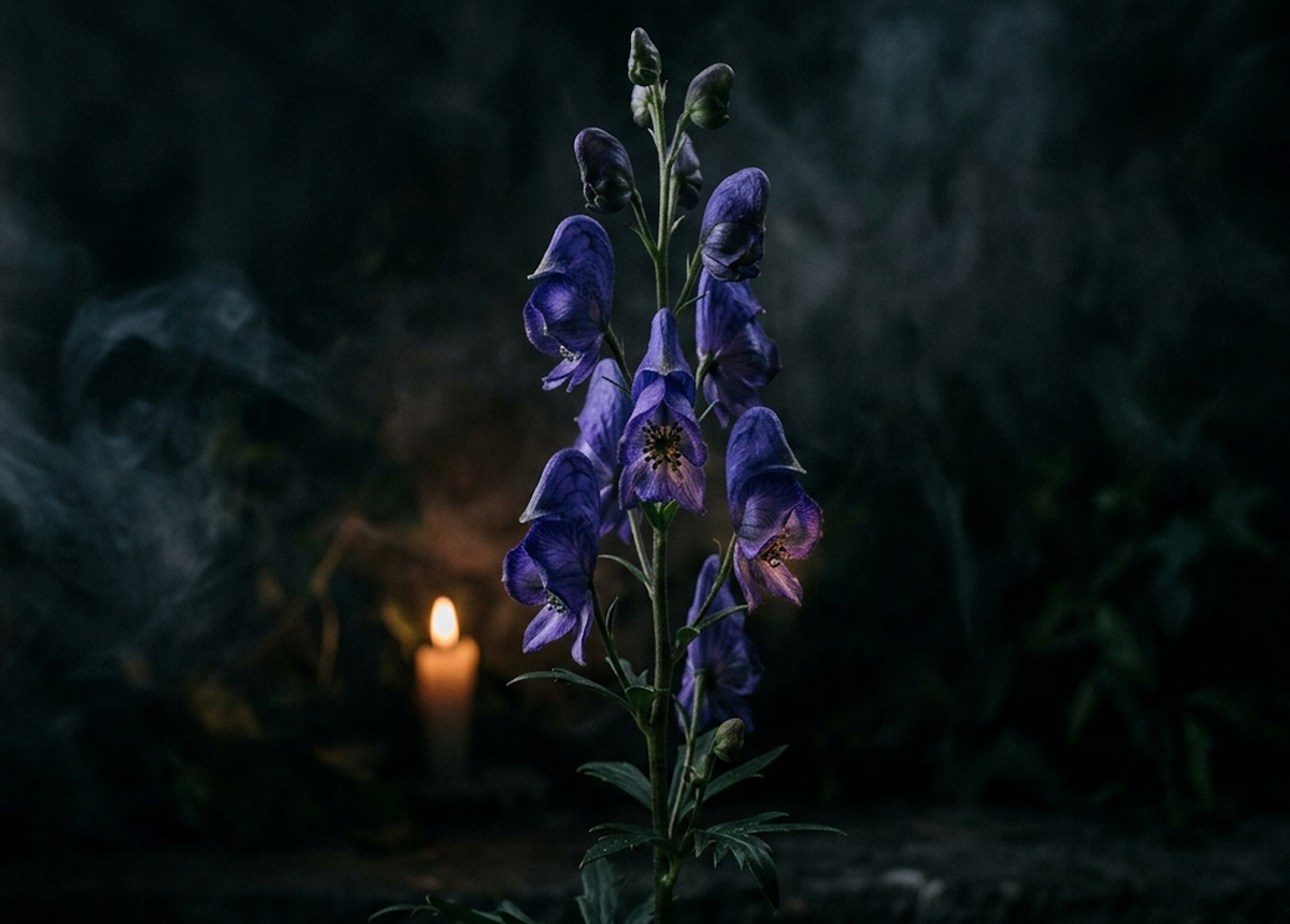 A stalk of deep purple wolfsbane flowers glowing in candlelight, wolfsbane in witchcraft