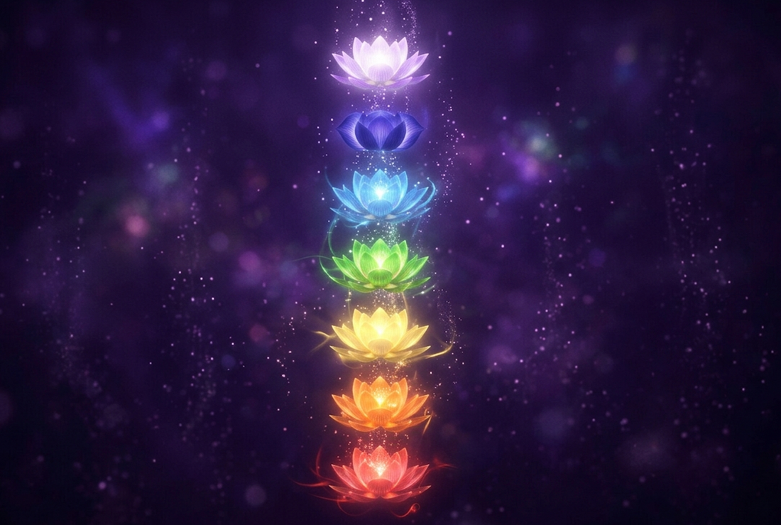 Colorful lotus flowers representing the 7 chakras in yoga, symbolizing energy balance and cleansing.