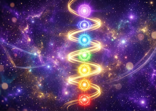 Colorful chakras energy spiral representing kundalini awakening and spiritual growth in the cosmos.