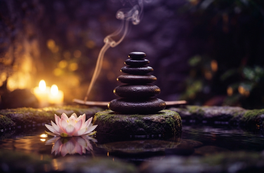 Stacked stones and a lotus flower in a serene pond, symbolizing meditation and inner peace.