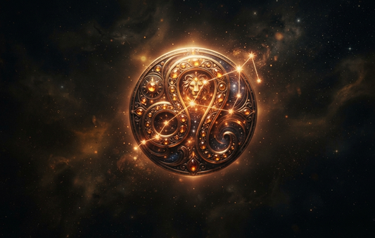 Gilded Leo zodiac sign amulet floating in deep space. The detailed circular emblem displays the lion symbol, astrological constellation, and warm golden light against a starry nebula background