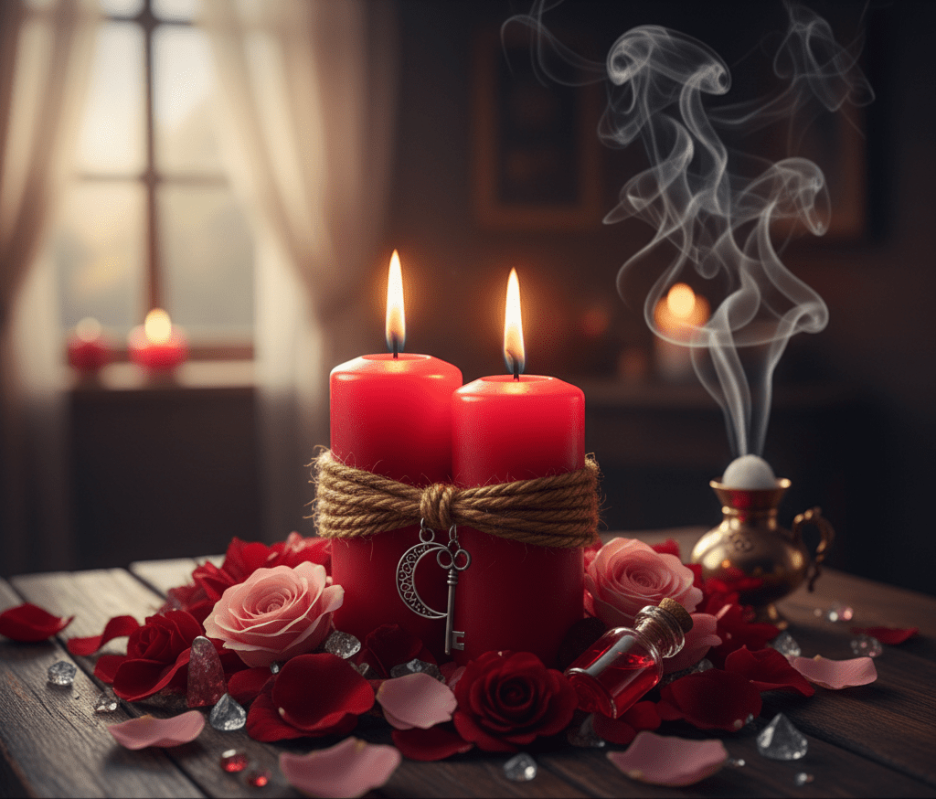 Love spell casting ritual with candles and crystals by Psychic Hermano