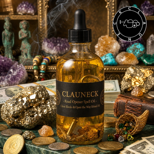 Clauneck Road Opener Spell Oil bottle with gold key, coins, and pyrite, block removing ritual oil