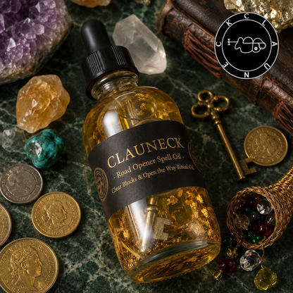 Clauneck Road Opener Spell Oil close up with a gold key and gold flakes inside, open the way oil