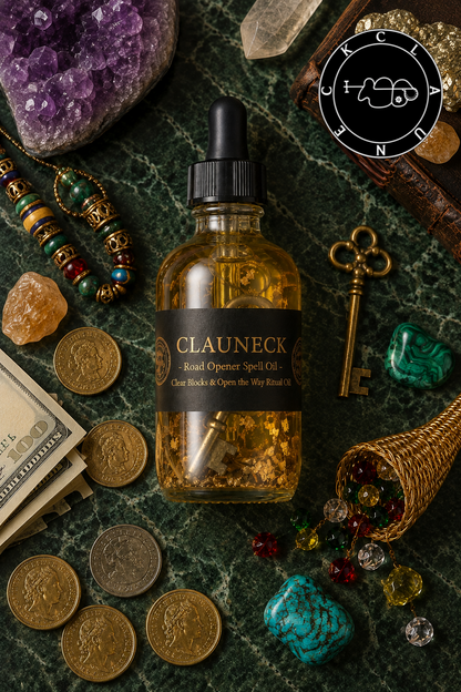 Clauneck Road Opener Spell Oil overhead with gold key, coins, and cash, clear blocks ritual oil