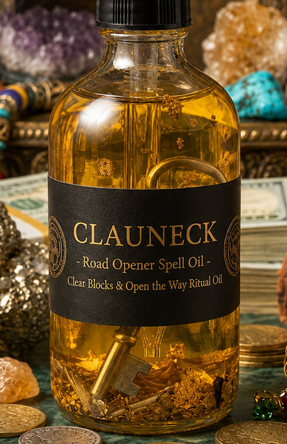 Clauneck Road Opener Spell Oil label close up with a gold key and coins, road opening oil